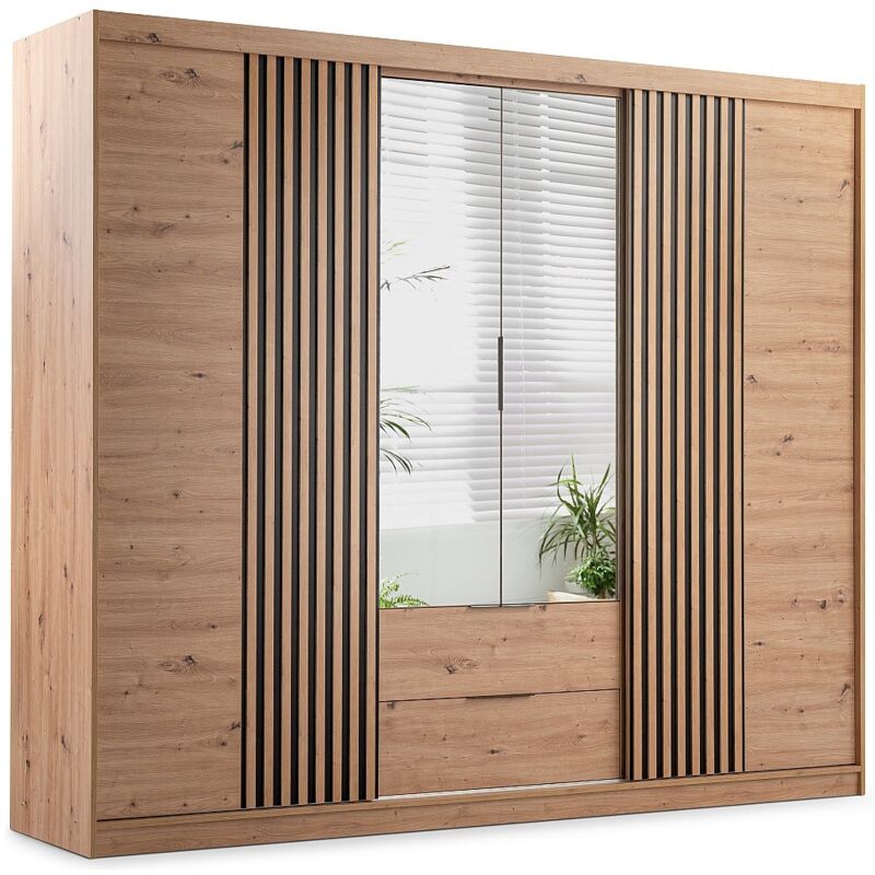 Vente-unique - Armoire 4 portes et 2 tiroirs - Avec miroir - L250 cm - Coloris : Naturel - sidovia Vente-unique - Armoire 4 portes et 2 tiroirs - Avec miroir - L250 cm - Coloris : Naturel - sidovia