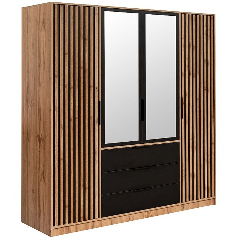 Vente-unique - Armoire 4 portes et 3 tiroirs - Avec miroir - L196 cm - Coloris : Naturel et noir - lirmada