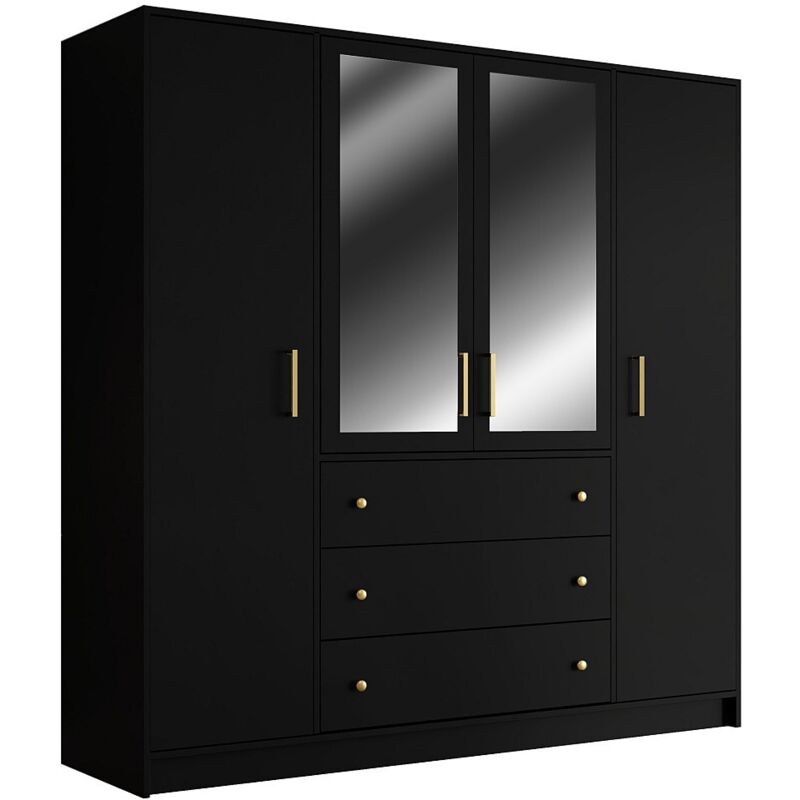 Vente-unique - Armoire 4 portes et 3 tiroirs - Avec miroirs - L196 cm - Noir - lizandro