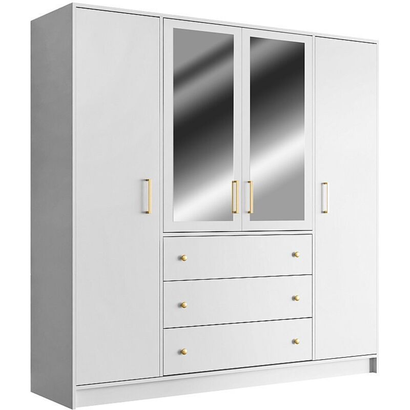 Armoire 4 portes et 3 tiroirs - Avec miroirs - L196 cm - Blanc - LIZANDRO