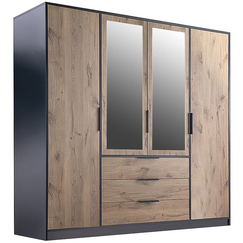 Vente-unique - Armoire 4 portes et 3 tiroirs - Avec miroirs - L196 cm - Coloris : Naturel et noir - lamiki Vente-unique - Armoire 4 portes et 3 tiroirs - Avec miroirs - L196 cm - Coloris : Naturel et noir - lamiki