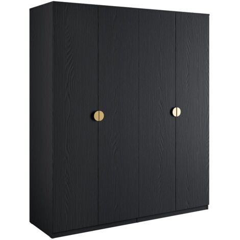 Armoire 4 portes noir structuré et doré – 2 penderies + 4 étagères – Collection MONDO