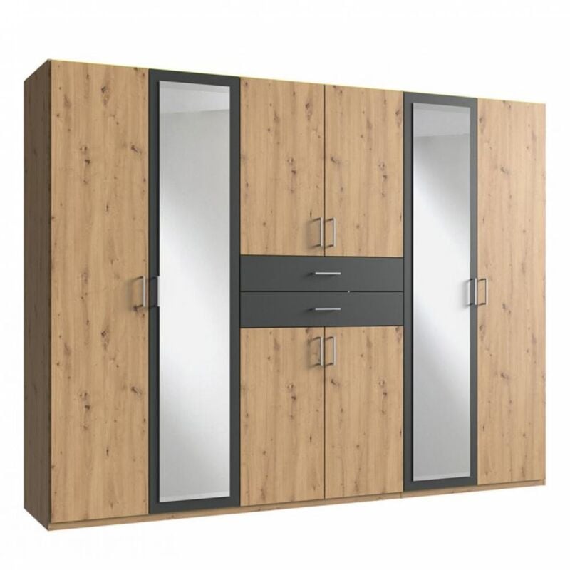 Wimex - Armoire 6 portes chênes artisans 2 portes miroirs diver 270 cm 2 tiroirs graphites