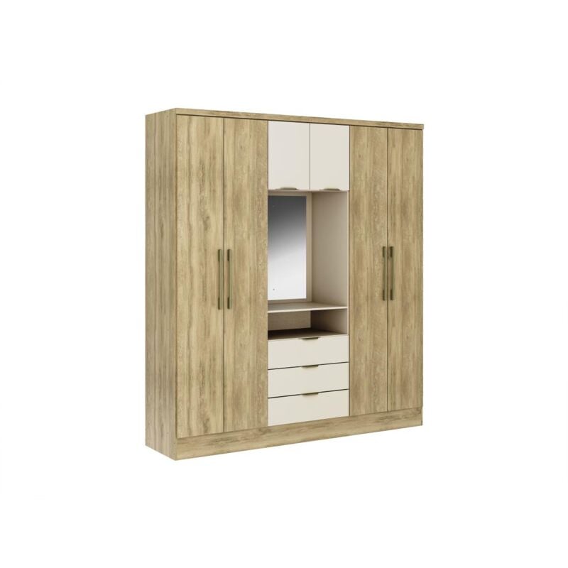 Vente-unique - Armoire 6 portes et 3 tiroirs - Avec miroir - L180 cm - Coloris : Naturel et beige - elorio