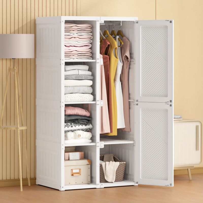 Armoire - avec 2 portes, 4 séparateurs, 1 tringle à vêtements, armoire portable, armoire de chambre pliable, 69x50x136 cm - Blanc