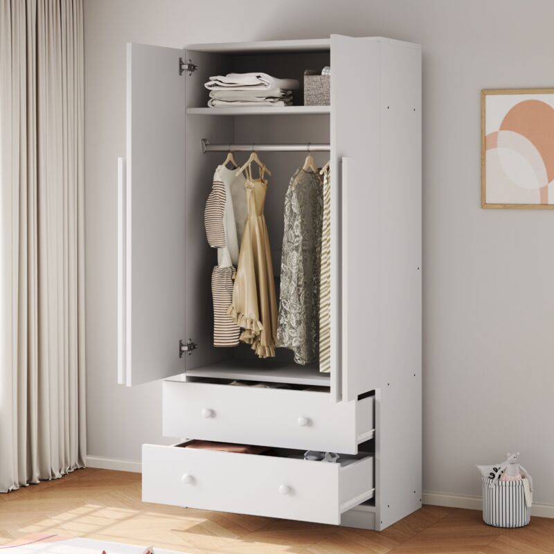 Eifson - Armoire 70x40x170 cm, avec 1 grand compartiment de rangement, 2 tiroirs, design double porte, convient pour chambre et dressing - Blanc