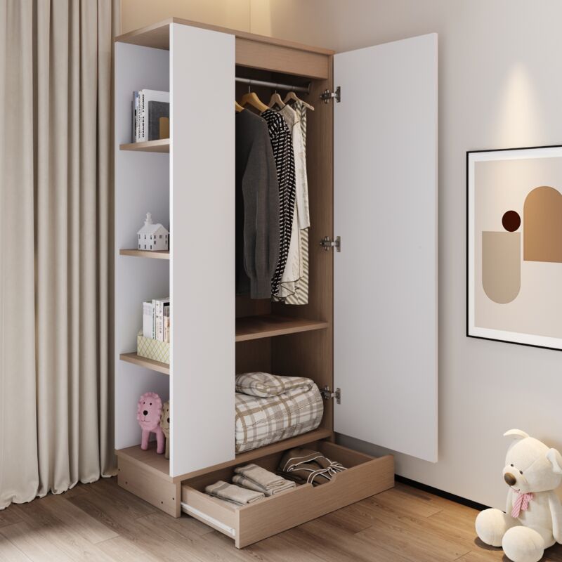 Armoire 70x40x170 cm, avec 4 étagères ouvertes, 1 grand tiroir, étagère de rangement, design à une porte, convient pour chambre et dressing - Blanc