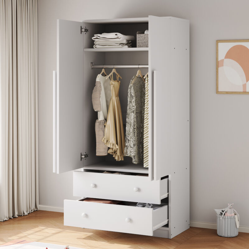 Okwish - Armoire blanche, avec tiroirs et compartiments de rangement, design à double porte 70x40x170 cm
