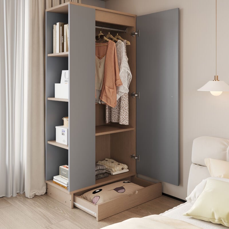 Armoire 70x40x170cm, avec tiroirs, étagères de rangement latérales, armoire pour enfants, design à une porte, naturel+gris