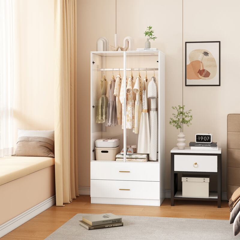 Armoire 80x50x127 cm, 2 portes en verre, 2 tiroirs, barre de suspension, éclairage LED à détection automatique, style contemporain, blanc