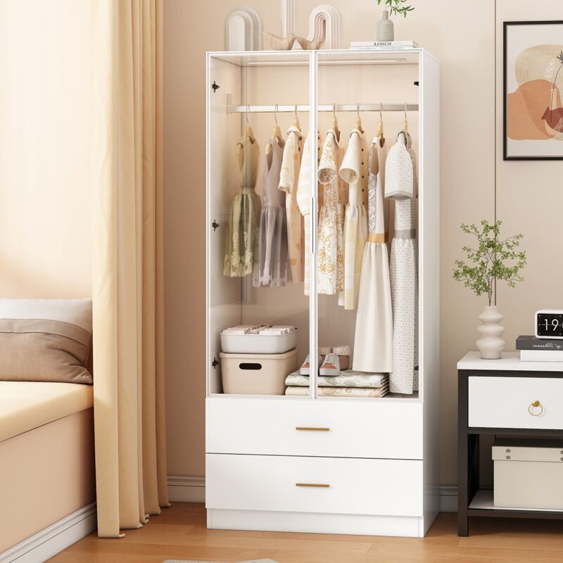 Armoire 80x50x127 cm à 2 portes, Avec tiroirs et barre de suspension, panneau en verre, éclairage LED à détection automatique, Blanc