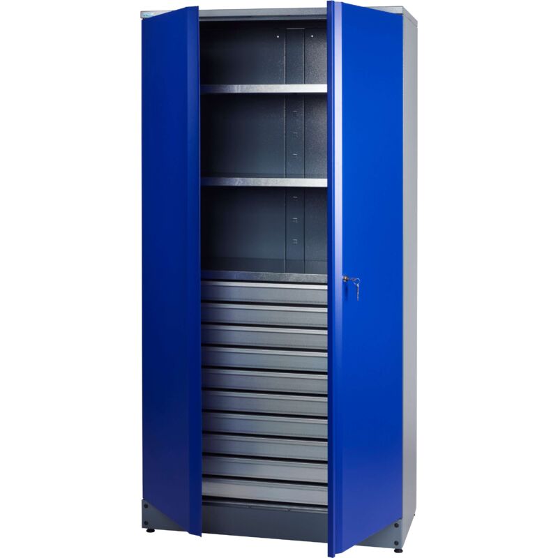 Küpper armoire haute modèle 70597, 180 x 45 x 91 cm, 3 tablettes, 10 tiroirs, bleu outremer