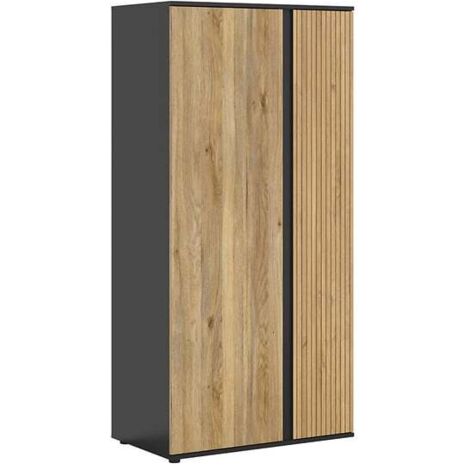 Armoire à 2 portes avec décor lamelles ,coloris Chêne/Noir - Longueur 95 x Profondeur 55 x Hauteur 196 cm