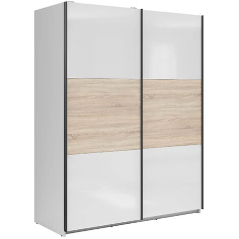 Armoire à 2 portes coulissante coloris Blanc brillant/Chêne sonoma - Longueur 153,5 x Profondeur 60 x Hauteur 195,5 cm
