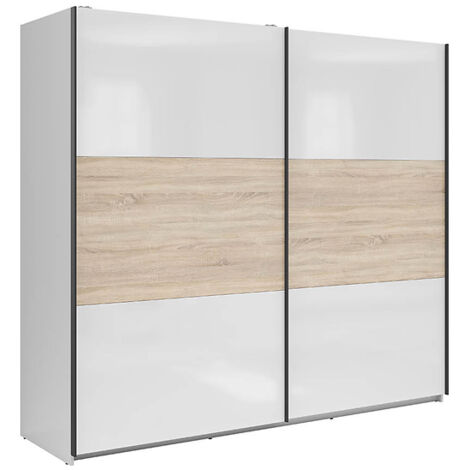 Armoire à 2 portes coulissante coloris Blanc brillant/Chêne sonoma - Longueur 220 x Profondeur 60 x Hauteur 195,5 cm