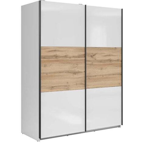 Armoire à 2 portes coulissante coloris Blanc brillant/Chêne wotan - Longueur 153,5 x Profondeur 60 x Hauteur 195,5 cm