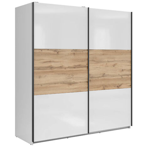 Armoire à 2 portes coulissante coloris Blanc brillant/Chêne wotan - Longueur 183 x Profondeur 60 x Hauteur 195,5 cm