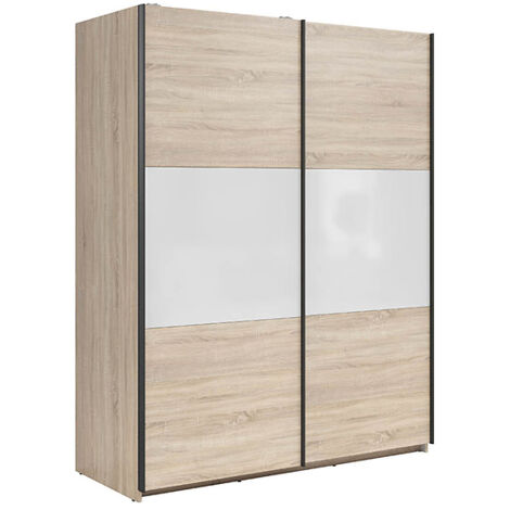 Armoire à 2 portes coulissante coloris Chêne sonoma/Blanc brillant - Longueur 153,5 x Profondeur 60 x Hauteur 195,5 cm