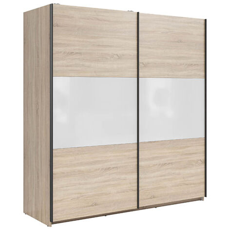 Armoire à 2 portes coulissante coloris Chêne sonoma/Blanc brillant - Longueur 183 x Profondeur 60 x Hauteur 195,5 cm