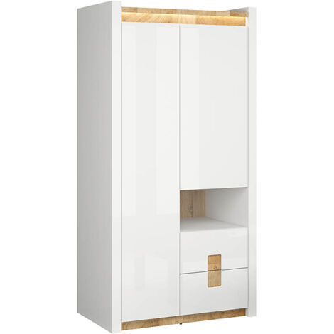 Armoire à 2 portes et 2 tiroirs,avec éclairage LED,coloris Blanc brillant/Chêne clair - Longueur 102 x Profondeur 60 x Hauteur 201 cm