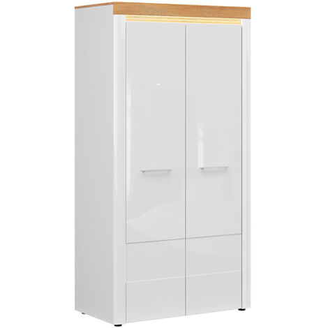 Armoire à 2 portes Placard éclairage LED coloris Chêne doré/Blanc haute brillance - Longueur 106,5 x Profondeur 56 x Hauteur 205 cm