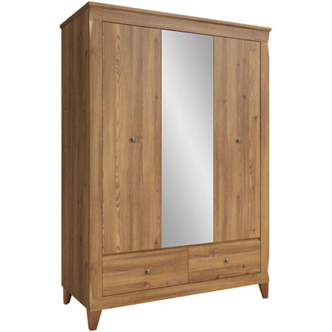 Armoire à 3 portes avec miroir et 2 tiroirs soft-close coloris Mélèze doré - Longueur 144 x Profondeur 63 x Hauteur 202 cm