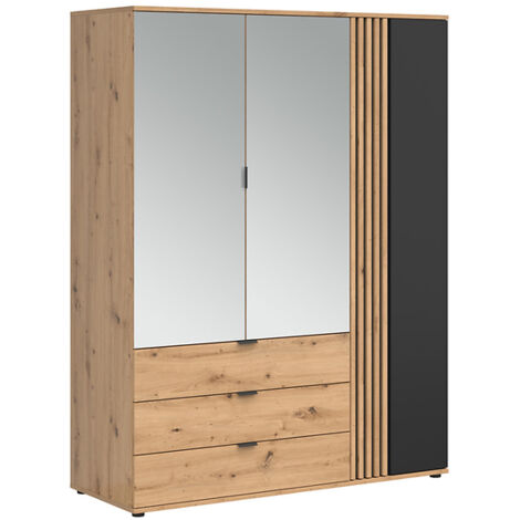 Armoire à 3 portes et 3 tiroirs avec miroir,coloris Chêne artisan/Noir - Longueur 150,5 x Profondeur 56 x Hauteur 195,5 cm