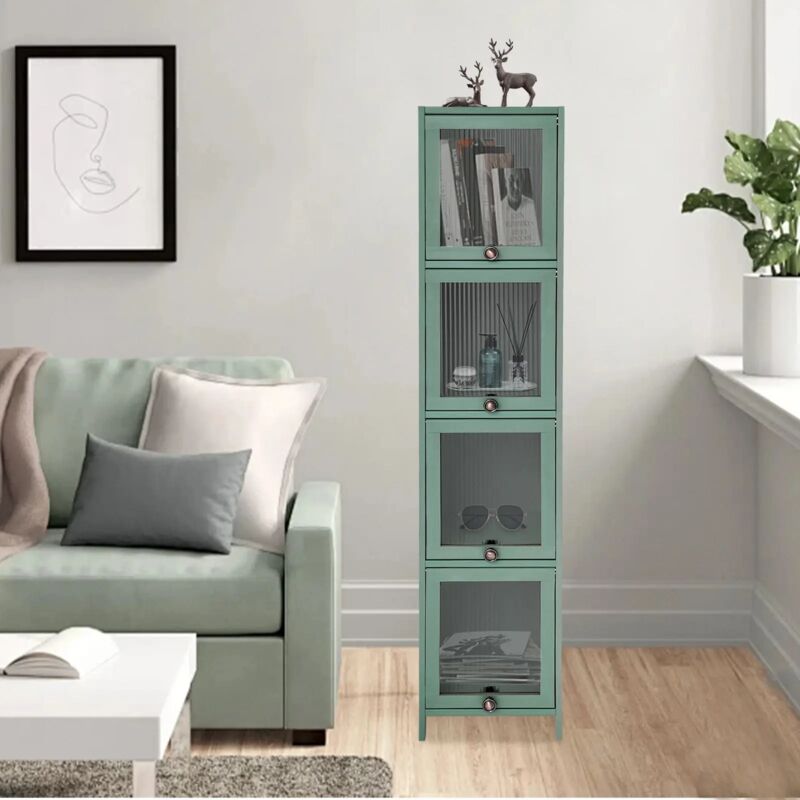 Armoire à 4 niveaux avec porte, Meuble Salle de Bain Bambou, petite armoire de rangement étroite, armoire d'angle au sol, pour Salon, Salle de Bain,