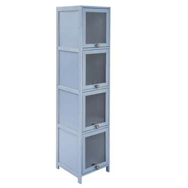Armoire à 4 niveaux avec porte, Meuble Salle de Bain Bambou, petite armoire de rangement étroite, armoire d'angle au sol, pour Salon, Salle de Bain,