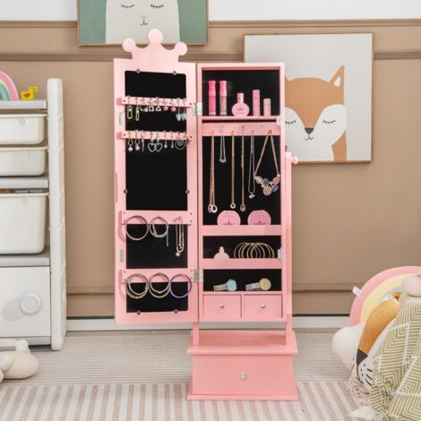 Armoire à Bijoux, Armoire de rangement 2 en 1 Enfants, Miroir Couronne, 3 Tiroirs, Charge 10kg, CW5550 Maison Chic