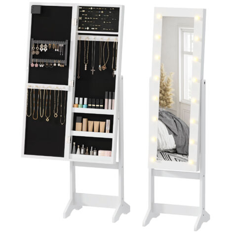 Armoire à bijoux armoire de rangement sur pieds boîte à bijoux avec miroir multi-rangements éclairage LED blanc