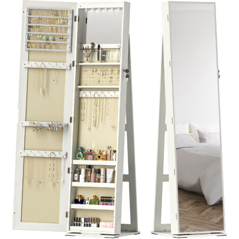 Armoire à bijoux avec éclairage LED, serrure intégrée et miroir, blanc imitation bois.