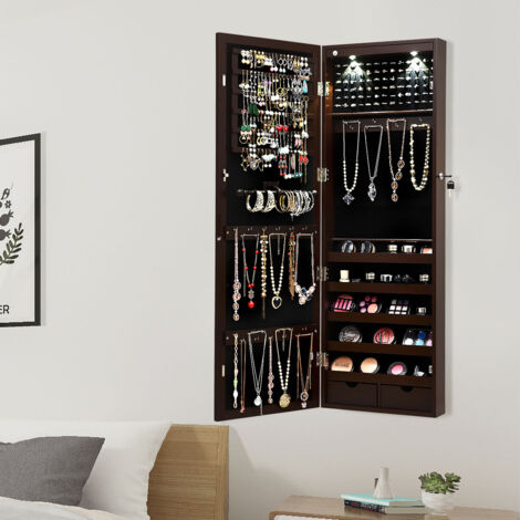 Armoire à Bijoux avec LED Dedans Crochets Miroir et Tiroirs pour Maquillage Quotidien et Bijoux 37 x 9,5 x108 cm Brun