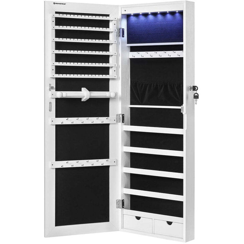 Armoire à bijoux avec long miroir 37 x 9,3 x 108 cm coffre à bijoux avec 6 lampes led suspendue à la porte ou fixée au mur grande capacité 2 tiroirs Armoire à bijoux avec long miroir 37 x 9,3 x 108 cm coffre à bijoux avec 6 lampes led suspendue à la porte ou fixée au mur grande capacité 2 tiroirs