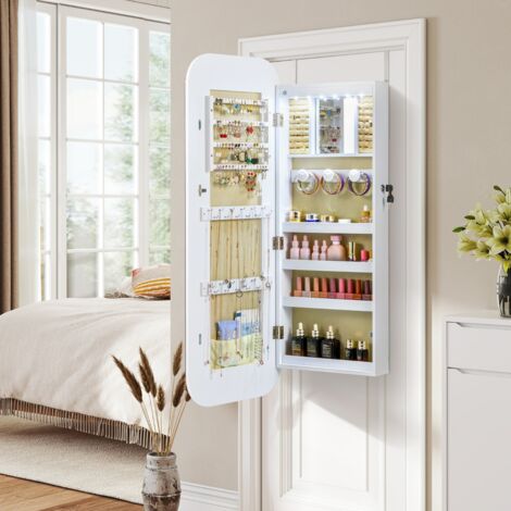 Armoire à Bijoux avec Miroir 6 LED Organiseur de Bijoux Verrouillable à Montage Mural ou sur Porte avec Miroir Arrondi 42x10x107,5cm Blanc