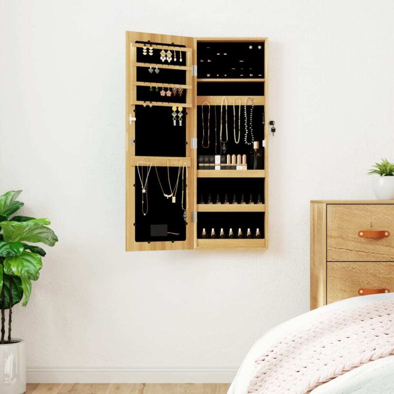 Vidaxl – Armoire à bijoux murale avec miroir et éclairage LED – Bois d'ingénierie 31,5x9x90cm – Design verrouillable et housse en tissu