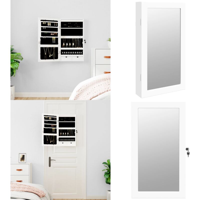 Armoire à bijoux avec miroir et éclairage led mural blanc - Armoire à Bijoux - Meuble Rangement Bijoux - Miroir Décoratif - Lumière Led