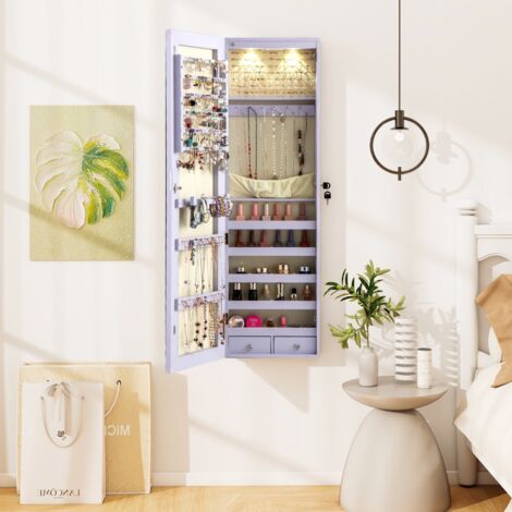 Armoire à Bijoux avec Miroir et Lumière LED Multiples Rangements avec Crochets pour Porte 120 x 36 x 10 cm Violet