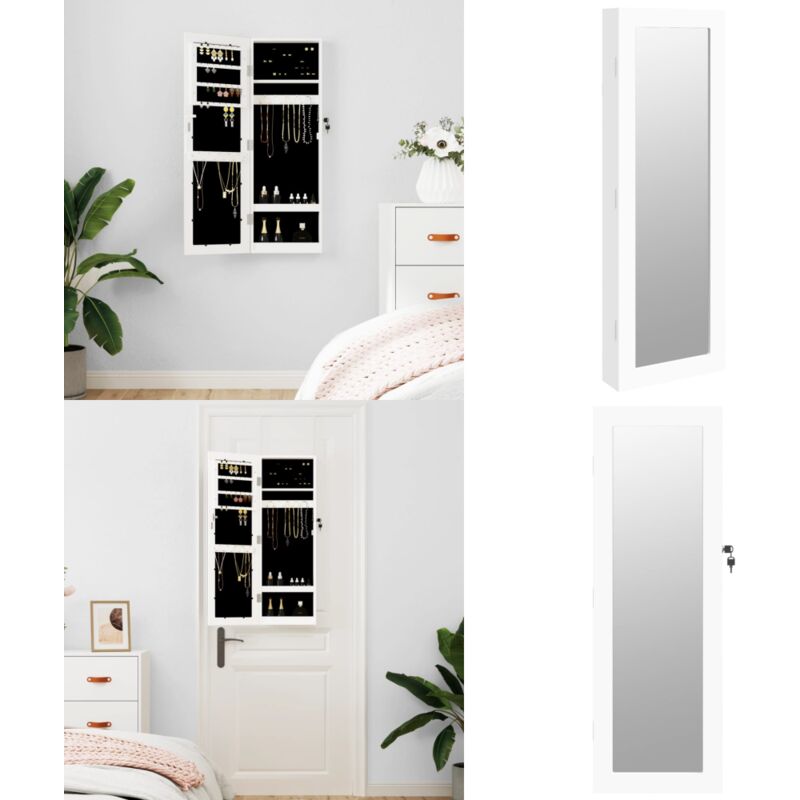 Armoire à bijoux avec miroir murale blanc 30x8,5x90 cm - Armoire À Bijoux - Miroir - Meuble Rangement Bijoux - Organisation Bijoux - Coffre Bijoux