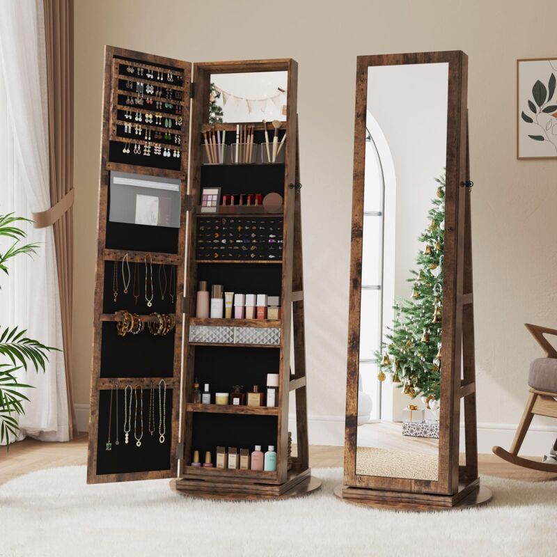 Armoire à Bijoux avec Miroir pivotante à 360° avec Miroir,Rangement Bijoux 3-en-1 pour cosmétiques,160 x 55 x 55cm,Marron