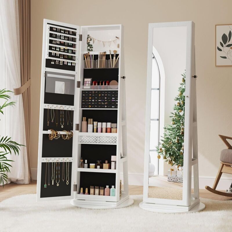 Armoire à Bijoux avec Miroir pivotante à 360°,Meuble de Rangement 3-en-1 pour cosmétiques,Placard beauté,étagères,Serrure,158x38x38cm,Blanc