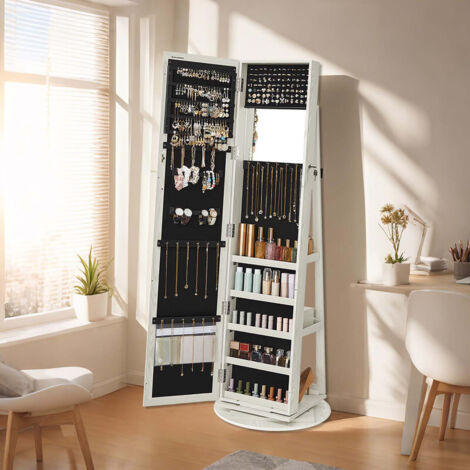 Armoire à Bijoux, avec Miroir Pleine Longueur, Pivotant à 360°, Verrouillable avec des Clés, pour Chambre, Blanc Boisé Grisâtre