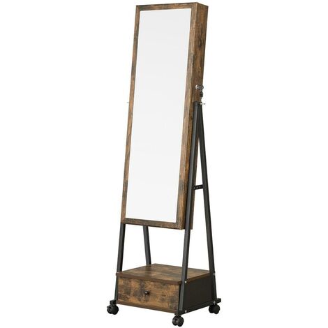 Armoire à bijoux avec miroir psyché organisateur de bijoux sur pieds verouillable avec tiroir étagère roulettes idée cadeau 152,5 cm marron rustique et noir - Marron