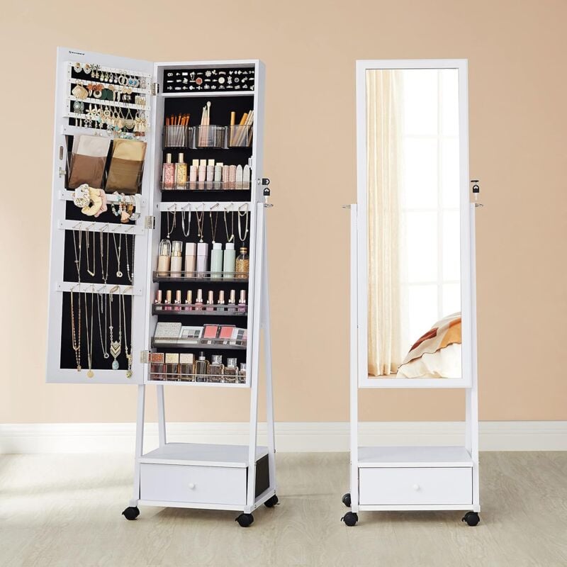 Armoire à bijoux, avec miroir psyché, Organisateur de bijoux sur pieds, verouillable, avec tiroir, étagère, roulettes, idée cadeau, Blanc