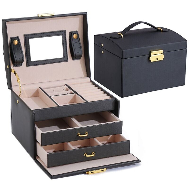 Qiyao - Armoire à bijoux, Boîte à Bijoux, Coffret pour Bijoux Boîte à Maquillage Bijoux et cosmétique Beauty Case à 3 Couches avec 2 Tiroirs, Noir