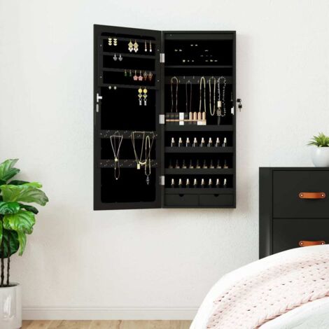 Armoire à bijoux, Boîte à Bijoux, Organisateur de bijoux avec miroir et éclairage LED mural noir LKOWF40832