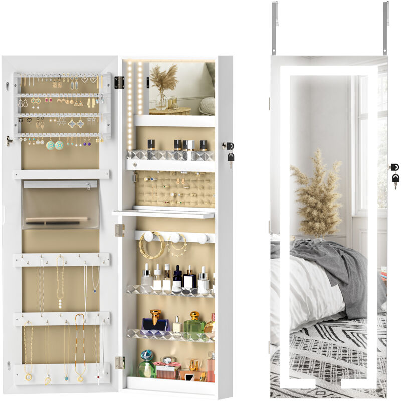 Armoire à bijoux - HOMCOM - mural/de porte - verrouillable - avec LED miroir divers compartiments - blanc