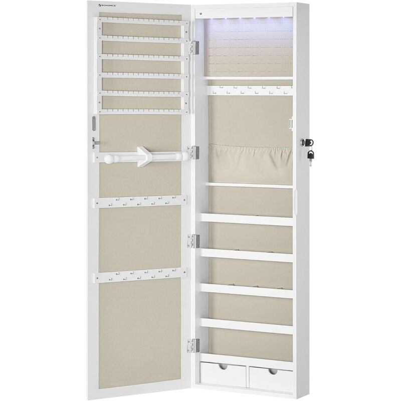 Armoire à Bijoux, Meuble de Rangement Mural pour Colliers, Boucles d’Oreilles, Placard à Accessoires, avec Miroir, Divers Compartiments,