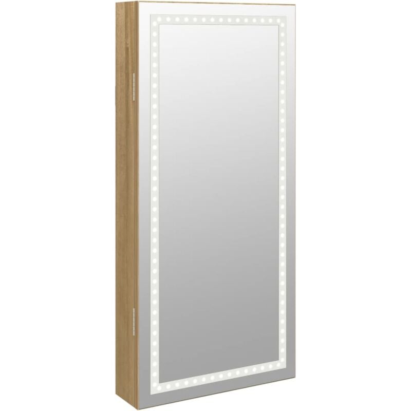 Armoire à bijoux meuble rangement organisateur chambre vestiaire salle de bain avec miroir et éclairage led mural marron
