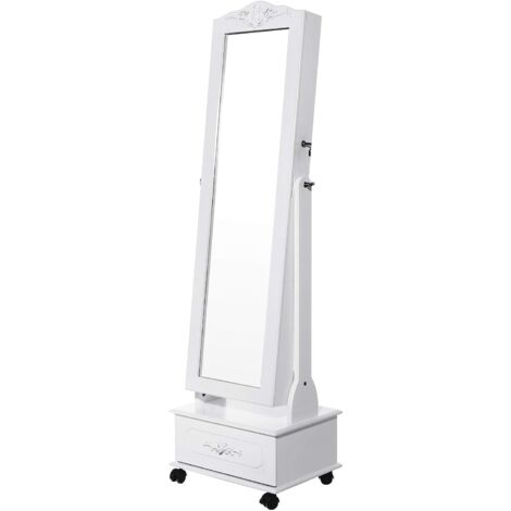 Armoire à bijoux mobile, Organisateur de bijoux, sur roulettes, verrouillable, avec lumières LED, 3 tiroirs, miroir, Blanc JBC61W
